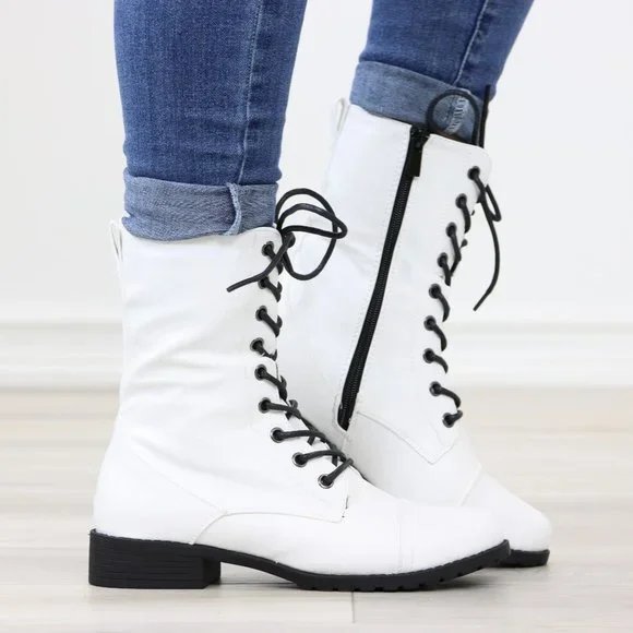 White Synthetic Leather Low Heel Round Toe Above Ankle Combat Boots - Picture 2 of 13
